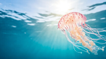 Fototapeta premium Delicate pink jellyfish drifting in tranquil blue ocean, light rays shimmering through the water surface, symbolizing underwater beauty