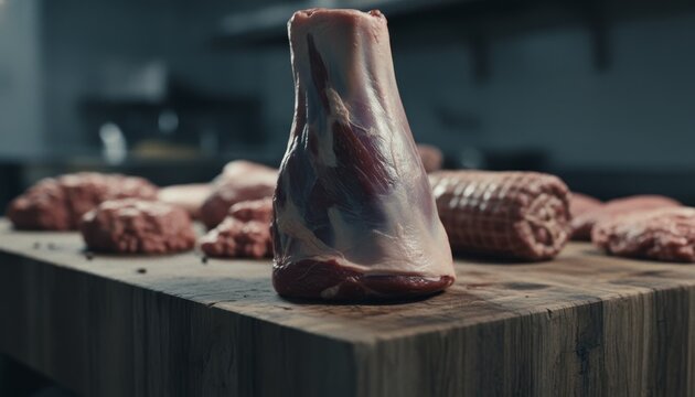 Raw lamb shank with exposed bone stands vertically on a rustic wooden butcher block, showcased with moody cinematic lighting in a professional butchery setting