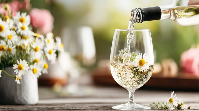 White wine pouring into a elegant glass adorned with daisies and herbs. Celebrating fresh natural spring and summer drinks
