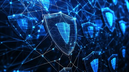 Cybersecurity shield network protects digital data with advanced encryption in a futuristic blue design for secure online business and innovative technology