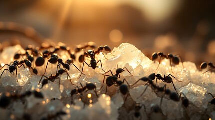 Silhouetted scene of ants as tiny workers mining giant sugar crystals, with strong backlighting originating from behind the subject