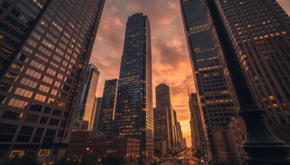 Modern glass and steel skyscrapers towering over a bustling city street with illuminated office windows against a dramatic and warm orange sunset sky