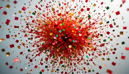 Vibrant explosion of colorful square confetti bursting outward from a central red core against a soft background