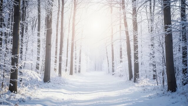 Snow-covered path leading through winter forest. Bright sunlight shining through bare trees in snowy woodland landscape