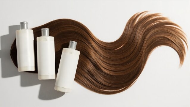 Healthy brown wavy hair with cosmetic product mockups on white background. Flat lay of shampoo and conditioner bottles for hair care and beauty branding