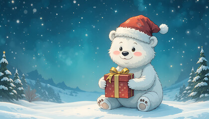 Adorable cartoon polar bear in a santa hat holding a festive gift box in a snowy winter wonderland scene
