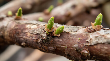 A close-up shot of a tree branch, showcasing the emergence of vibrant green buds. The rough, textured bark adds a natural contrast, creating an appealing image of renewal and growth.