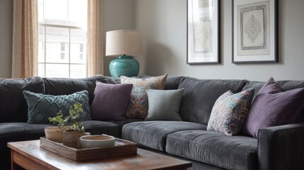 Fototapeta premium Living room with a large gray sectional sofa in the center. the sofa is upholstered in a soft grey fabric and has several colorful throw pillows on it.