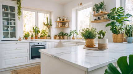 Minimalist bright kitchen interior with white cabinets, island countertop featuring lush green houseplants and modern design