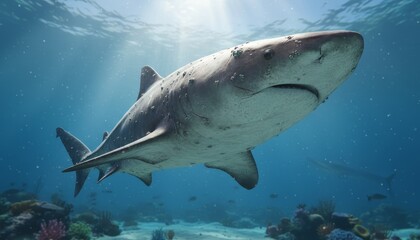Massive prehistoric Megalodon shark with scarred skin swims gracefully through sunlit blue ocean waters above a vibrant coral reef in a majestic underwater scene