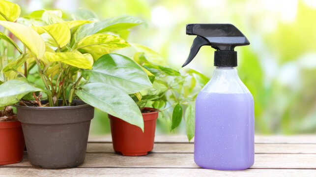 Spray bottle with purple liquid misting solution sitting on wooden table among houseplants, concept of plant care - Powered by Adobe
