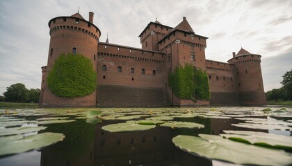 Majestic red brick medieval castle with ivy-covered towers stands reflected in a serene moat filled with floating lily pads, viewed from a low angle on a cloudy day