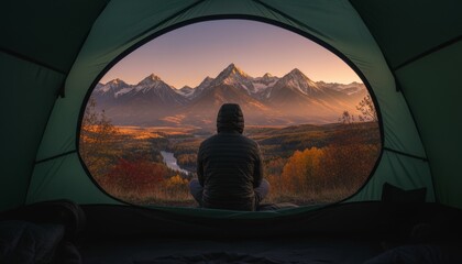 Solo traveler in a hooded jacket sits inside a green tent watching the golden sunrise light up a majestic snow-capped mountain range and colorful autumn valley