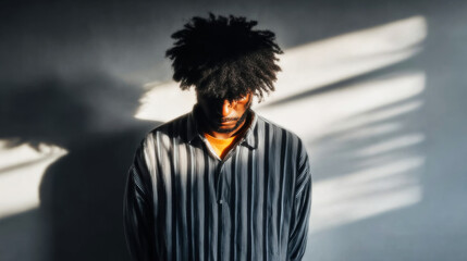 African American man looking down, hiding face in shadow, representing sadness, introspection, and anonymity