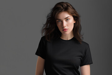 Portrait of a beautiful young woman in a black T-shirt on a gray background