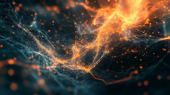 Stunning interconnected network with glowing nodes for modern technology solutions and innovative business applications, dynamic data visualization and analysis