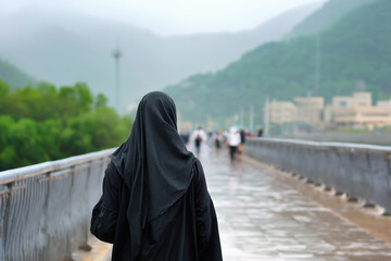 Muslim woman wearing niqab standing on the bridge in the rain