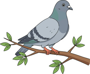 Cartoon pigeon on branch, gray bird, urban wildlife, nature scene, educational content, feathered animal, flat vector illustration