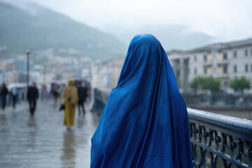 A woman in a blue niqab stands in the rain on the embankment of the city.