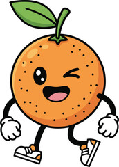 Cartoon orange character, fruit mascot, winking orange, cheerful face, kids content, healthy food, fun design, flat vector illustration