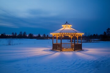 Illuminated Gazebo in Winter Landscape Creates a Serene and Magical Nighttime Scene