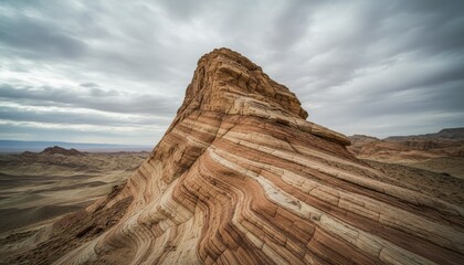 Large layered sandstone rock formation with colorful wavy strata stands majestically in a vast arid desert landscape under a dramatic overcast sky