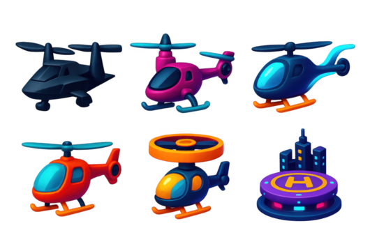 Set of six different colored toy helicopters