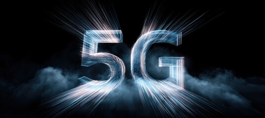 Dynamic 5G Icon with Radiant Smoke on Wireless Network Background