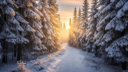 Snowy forest path framed by heavily frosted trees and soft light.