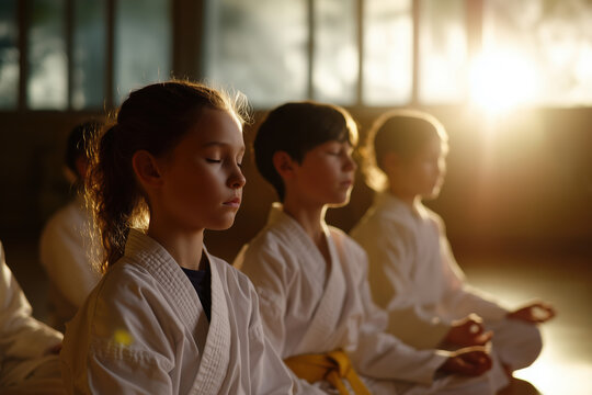 Children in kimono practicing martial arts in a gym - Powered by Adobe