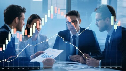 Group of professionals discussing financial graphs and stock market trends in modern office. Teamwork and data analysis concept for business strategy and investment decisions. - Powered by Adobe