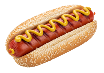 Mouthwatering hotdog with mustard on sesame seed bun ready for your next cookout, isolated on a transparent PNG background.