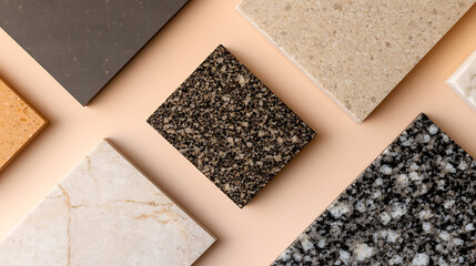 Assorted stone samples displayed on a surface, showcasing unique textures and colors. Perfect for kitchens, bathrooms, or any interior design project. Variety of textures!