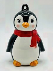 Whimsical Hand Painted Porcelain Penguin Ornament Cute Details Isolated Playful Festive Christmas Decoration