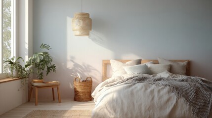 Modern bedroom with a large window on the left side. the window has white curtains and is letting in natural light.