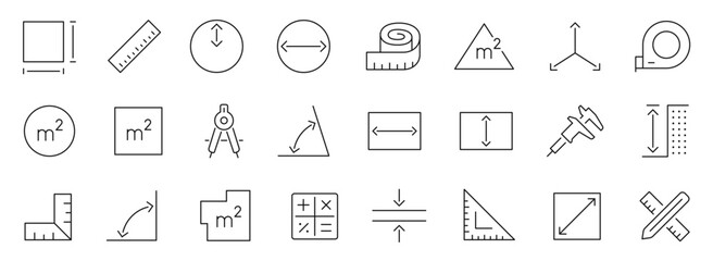 Measure thin line icons set. Area, dimension, size, diameter, measurement. Editable stroke. Vector