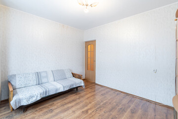 Minimalist Home Living Room Interior With Wooden Furniture And Door.