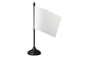 White mock up table desk flag on stand. Blank empty rectangular banner swaying, transparent background, clipping path