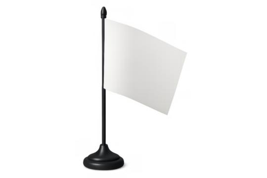 White mock up table desk flag on stand. Blank empty rectangular banner swaying, transparent background, clipping path - Powered by Adobe