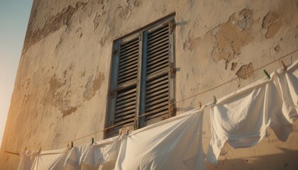 Old blue wooden window shutters on a weathered rustic building facade with fresh white laundry hanging on a clothesline to dry in the warm golden sunlight
