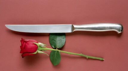A rose is on a table next to a knife. The knife is silver and has a pointed tip. The rose is red and has a green stem. Concept of romance and love