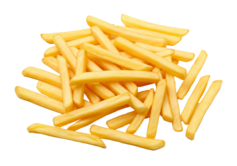 Golden crispy french fries perfect for fast food menus and restaurant promotions, isolated on a transparent PNG background.