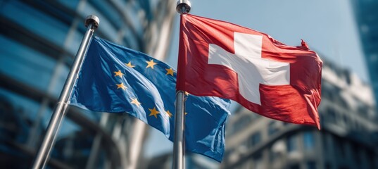 European Union and Switzerland Flags Waving in Front of Modern Building