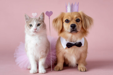 Obraz premium Cat and dog dressed up in costumes, posing together on a pink background