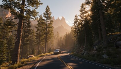 Dark modern SUV car driving on a scenic mountain road through a pine forest during a beautiful golden hour sunset with hazy light filtering through the trees