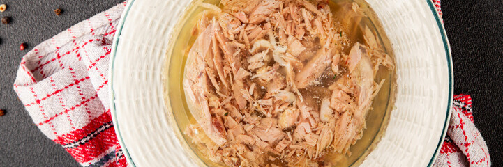 Meat jelly dish aspic meat brawn food Sülze pieces of meat in jelly pork, beef healthy food appetizer fresh delicious exquisite food background on the table rustic food top view copy space