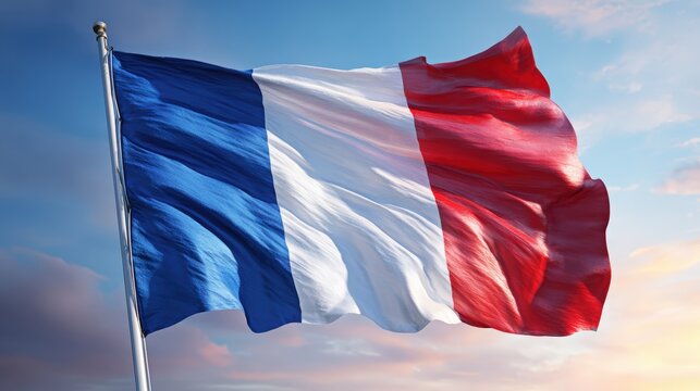 French Tricolor Flag Fluttering Against Bright Sky with Soft Clouds - Powered by Adobe