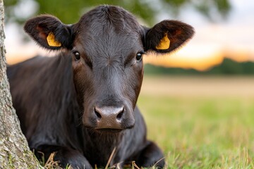 Black Angus Calf Resting in Lush Green Field at Sunset, Peaceful Farm Life and Relaxation Scene