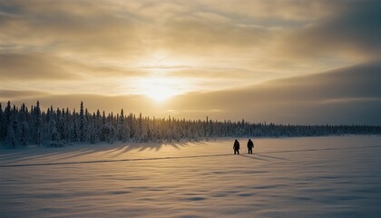 Two people in warm winter jackets walking across a vast snowy landscape during a beautiful golden sunset with a snow-covered forest in the distance
