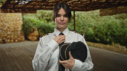 Young hispanic woman pilot in uniform holding cap, standing outdoors in an urban city street with greenery and rustic stone wall background on a bright day